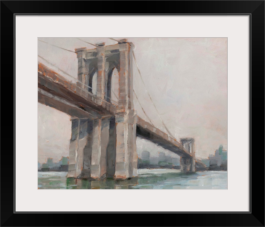 A picturesque painting of Brooklyn Bridge in New York, in subdue colors with the city in the background.