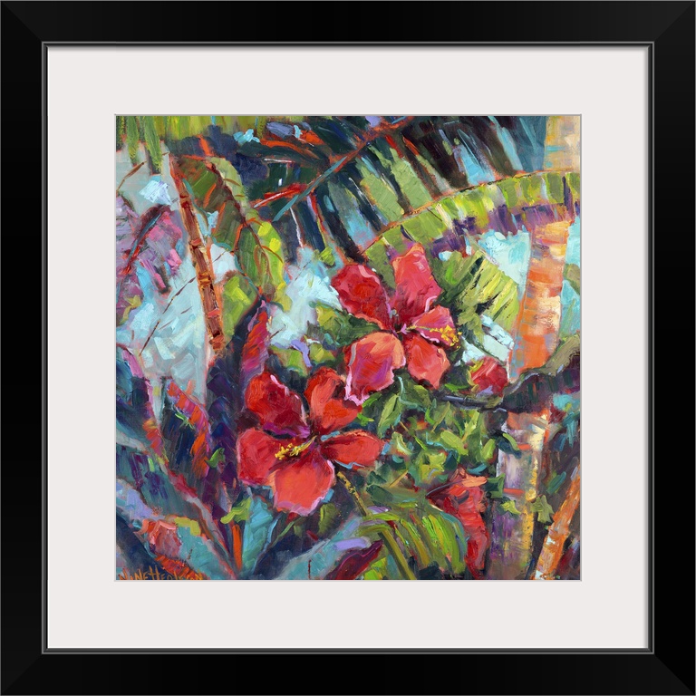 Contemporary artwork of tropical hibiscus flowers in a jungle.