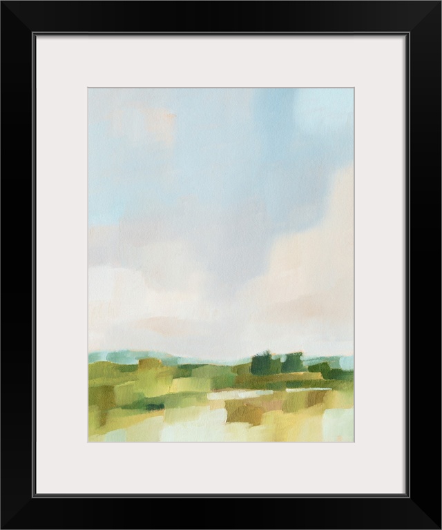 Contemporary abstract painting highlighting a pale blue sky over a green landscape.