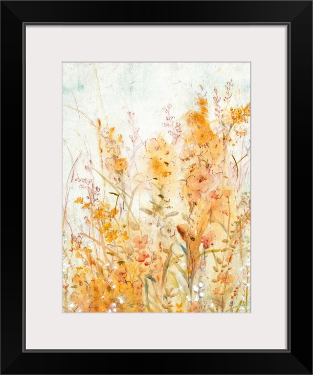 Contemporary painting of pale orange and yellow flowers.