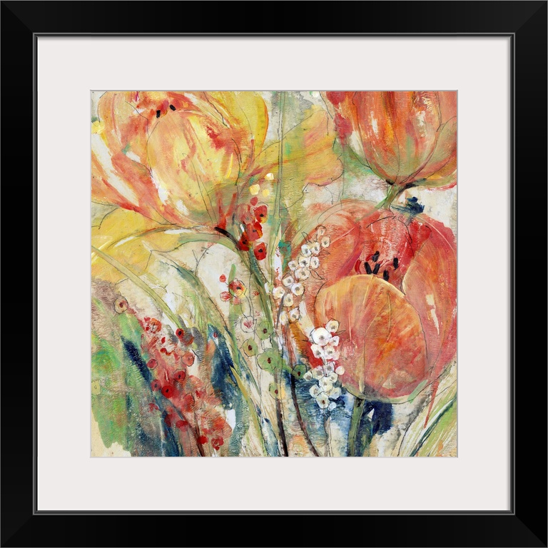 Contemporary abstract painting of orange and yellow tulips blooming in spring.