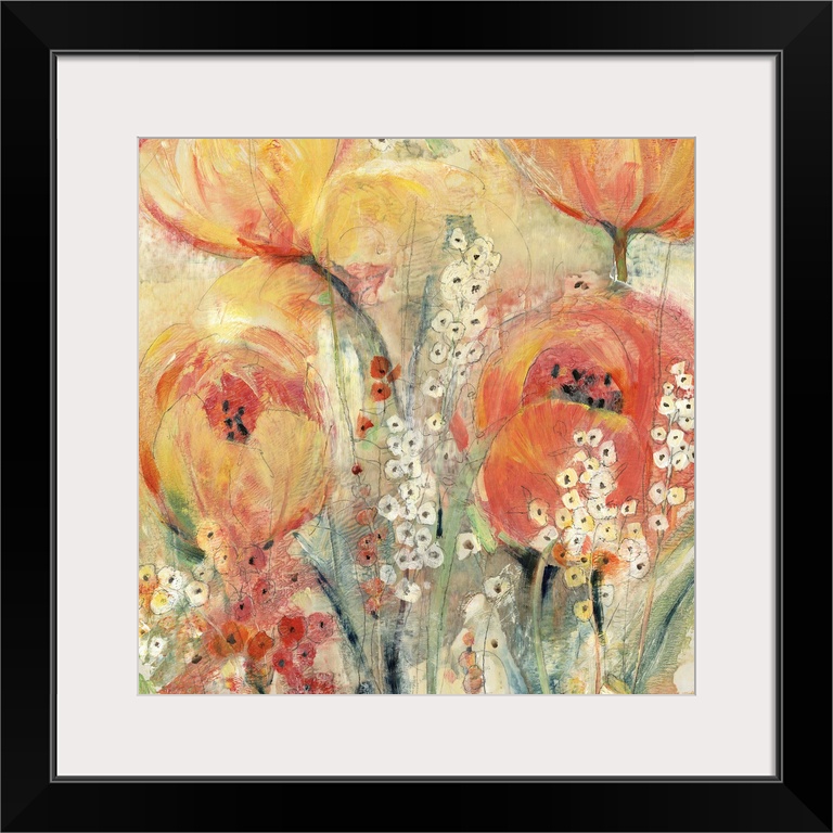 Contemporary abstract painting of orange and yellow tulips blooming in spring.