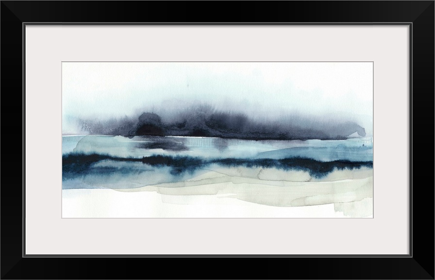 Abstract artwork in dark navy and pale beige, reminiscent of dark storm clouds over the coast.