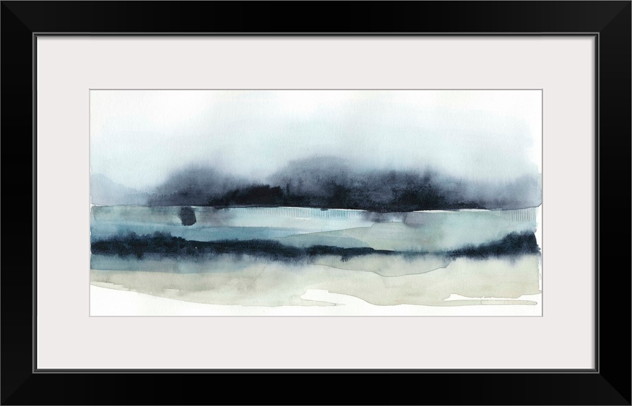 Abstract artwork in dark navy and pale beige, reminiscent of dark storm clouds over the coast.