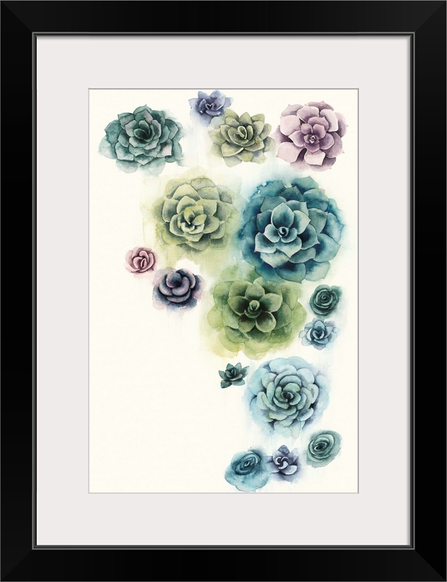 Contemporary artwork of a grouping of succulent plants using a monochromatic color scheme.