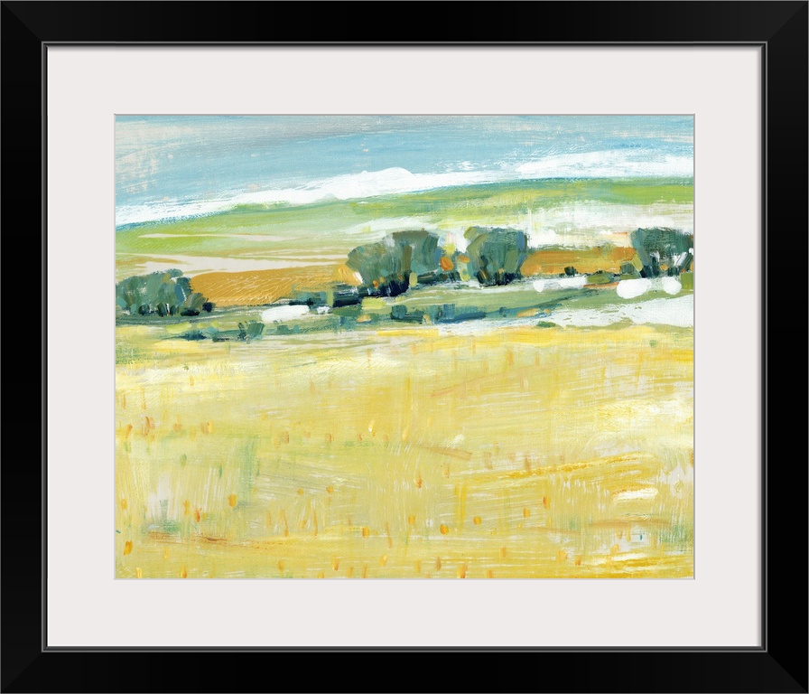 This contemporary artwork features long horizontal and short vertical brush strokes to create rolling yellow grasses again...