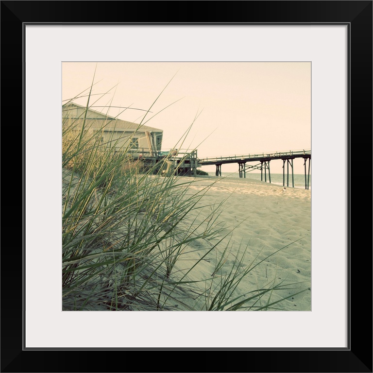Big square wall picture of grasses on a dune overlooking the beach, in the background is a building with a small pier lead...
