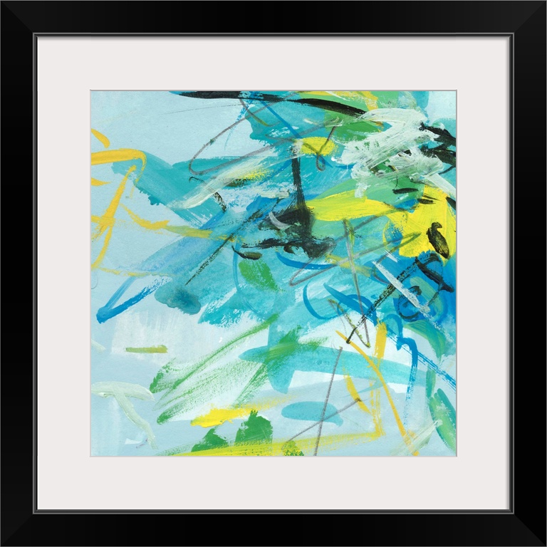 Bright blue and green brustrokes come together to construct this painted summer symphony.