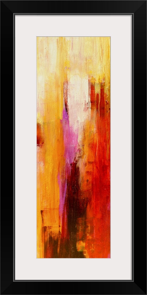 Vertical panoramic painting of vertical brush strokes of warm colors overlapping.