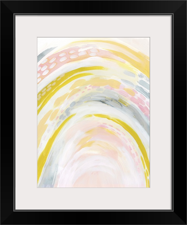 Contemporary abstract in pastel hues and bright yellow-greens.