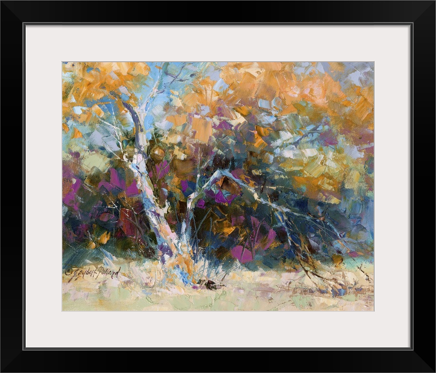 Contemporary vibrant landscape painting of an autumn foliage tree.