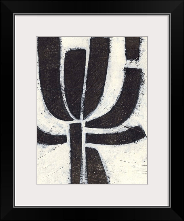 Contemporary mid-century inspired abstract painting using bold black strokes against a weathered neutral background.