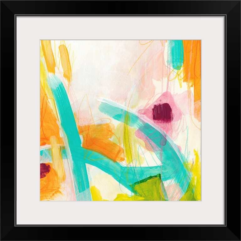 Abstract painting using vibrant colors such as orange and teal to create wild shapes using broad strokes.