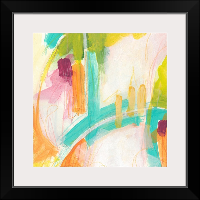 Abstract painting using vibrant colors such as orange and teal to create wild shapes using broad strokes.