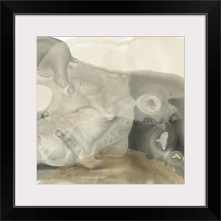 Brown, gray and beige pools of color overlap each other against a white background in this abstract artwork.