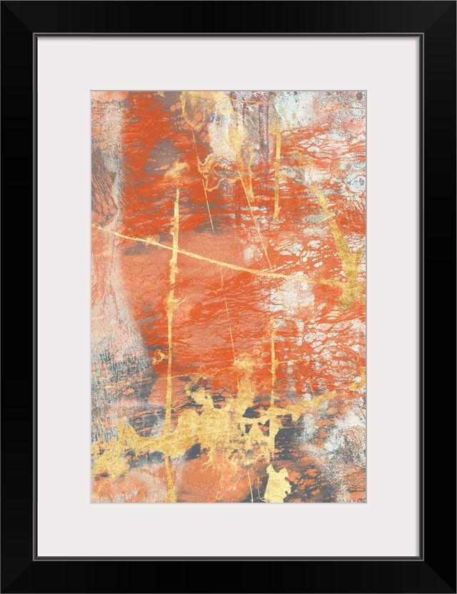 Contemporary abstract painting in bold, rusty orange and gold with a weathered effect.