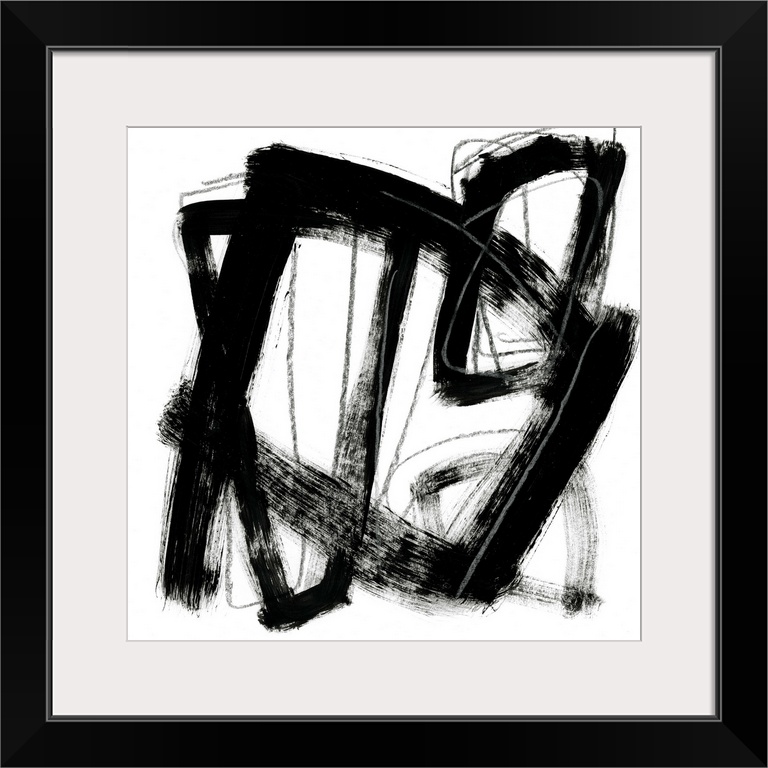 Contemporary abstract painting using bold black contrasting against a stark white background.