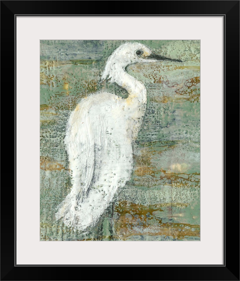 Contemporary artwork of a white heron against a weathered dark background.