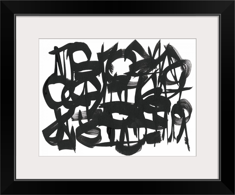 This abstract artwork consists of thick black brush strokes in curved lines and circles over a white background.