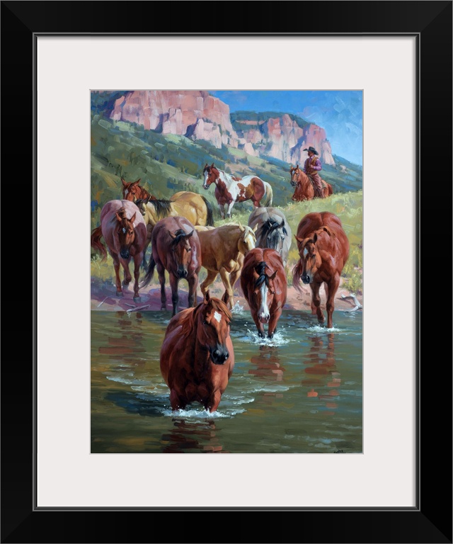 Contemporary Western artwork of a herd of wild horses forging a river, being herded by a cowboy.