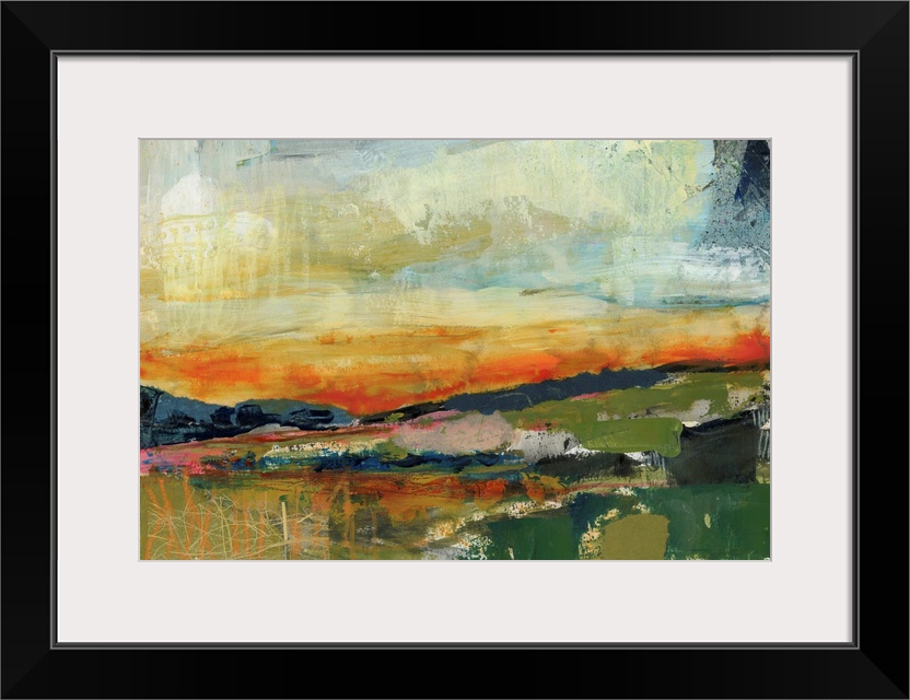 A bright, contemporary abstract painting resembling a landscape at sunset