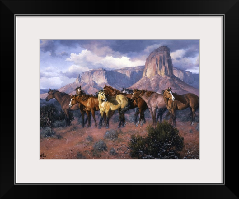 Contemporary Western artwork of a herd of wild horses in a canyon standing alert and still.