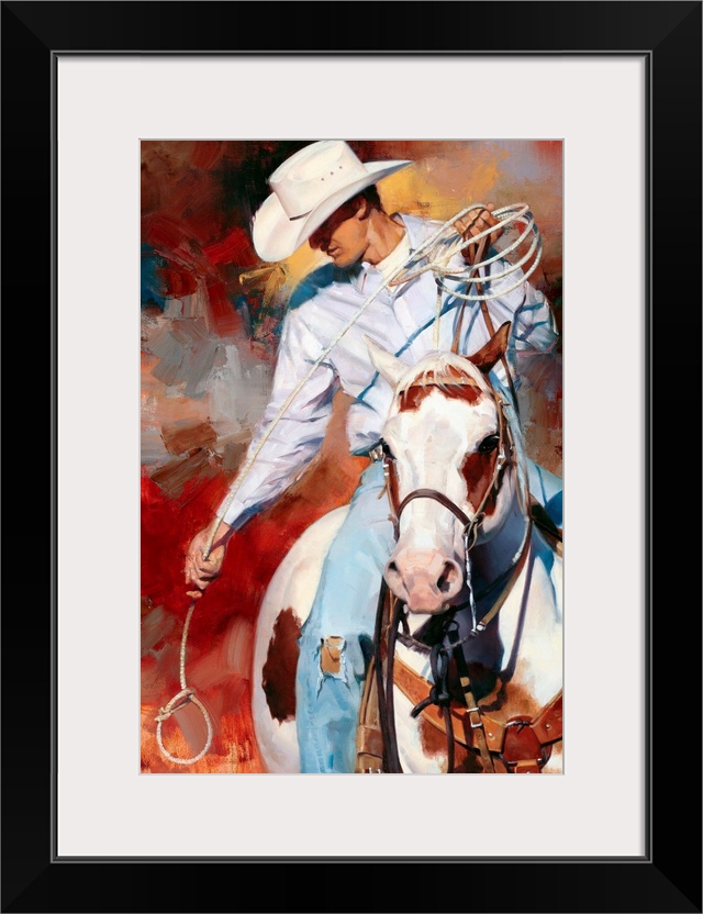 Contemporary vertical panoramic painting of cowboy on horse holding a looped rope.