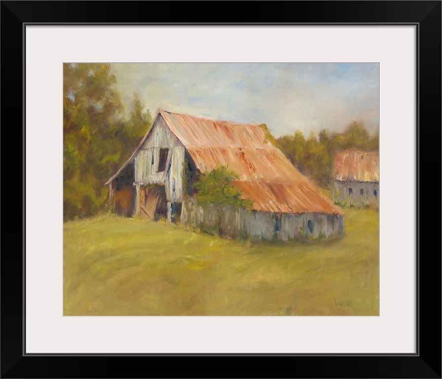 Fluid brush strokes in this soft countryside landscape emphasize worn buildings with rusty roofs against luscious green sc...