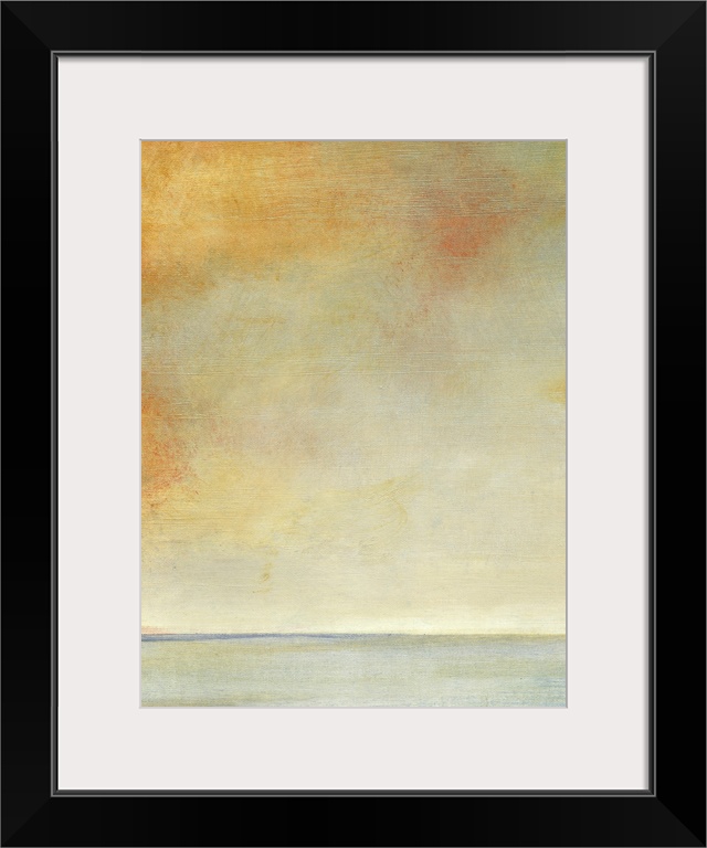 Abstract artwork that uses lots of warm colors near the top of the print and a cooler blue color just at the bottom.