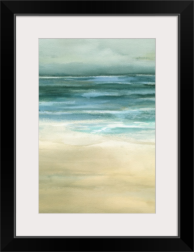 Beautiful artwork of a seascape that uses duller colors to paint the ocean and sand.