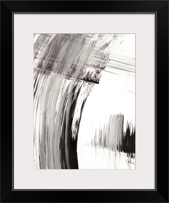Contemporary abstract painting of black and gray brushstrokes on a white background.