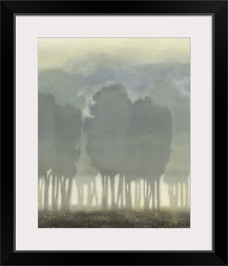 Artwork of silhouetted trees in a foggy landscape.