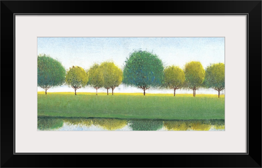 Painting of a row of trees reflected in the river below.