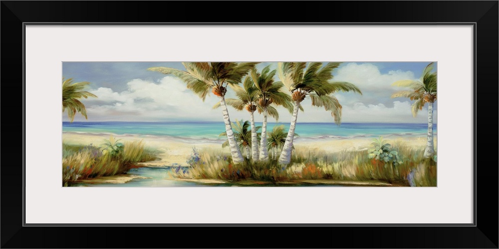 Horizontal painting of coconut palm trees along the edge of the ocean.