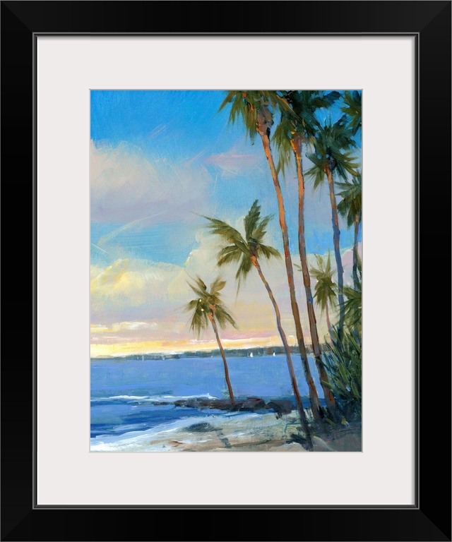 This is a vertical painting of slender palm trees going on the edge of the shore of a sandy beach.