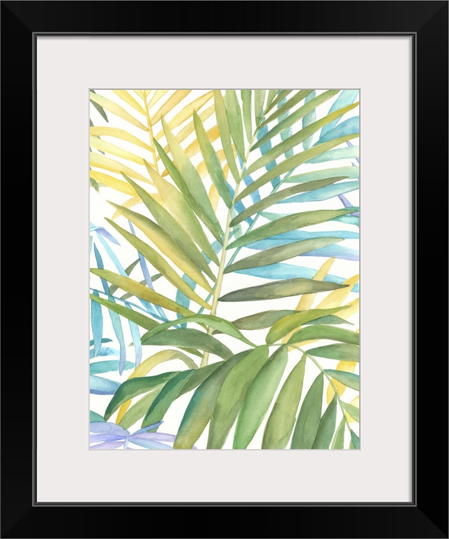 Watercolor painting of several tropical leaves.