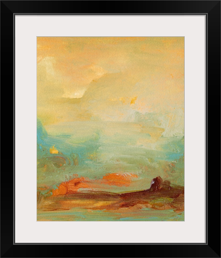 Abstract artwork in bright, summery tones of orange, turquoise, and gold.