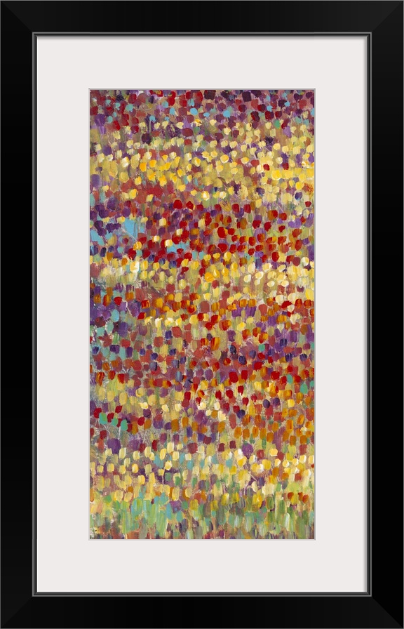 Vertical contemporary painting of a field of tulips in bright, colorful dots of colors in an impressionism style.
