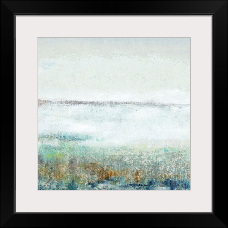 A square abstract of a mist covered landscape in textured tones of blue, gray and orange.