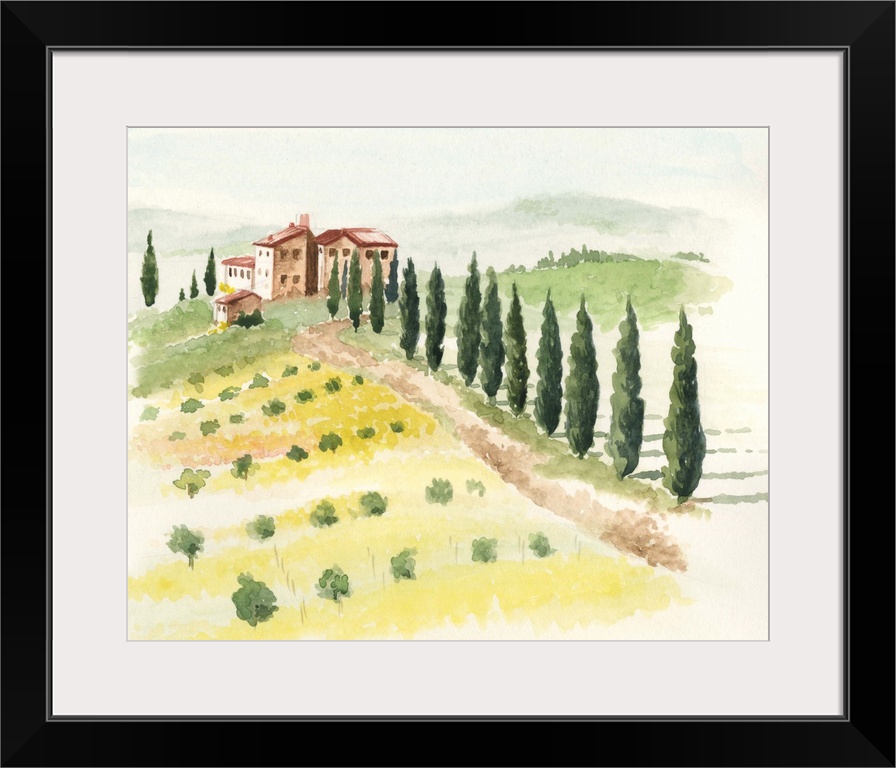 This watercolor artwork illustrates the beauty and simplicity of a Tuscan countryside with contrasting warm and cool color...