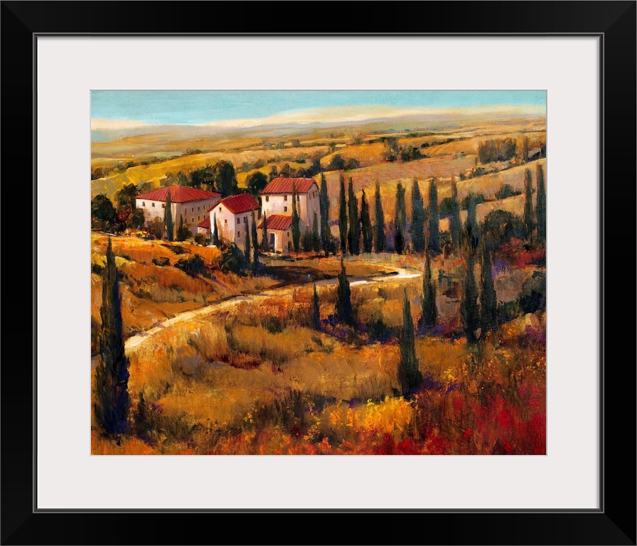 Painting of the land surrounding a villa in Tuscany.