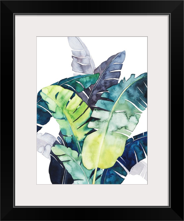 Watercolor tropical leaves in purple, blue and green flutter in the wind over a white background in this contemporary artw...