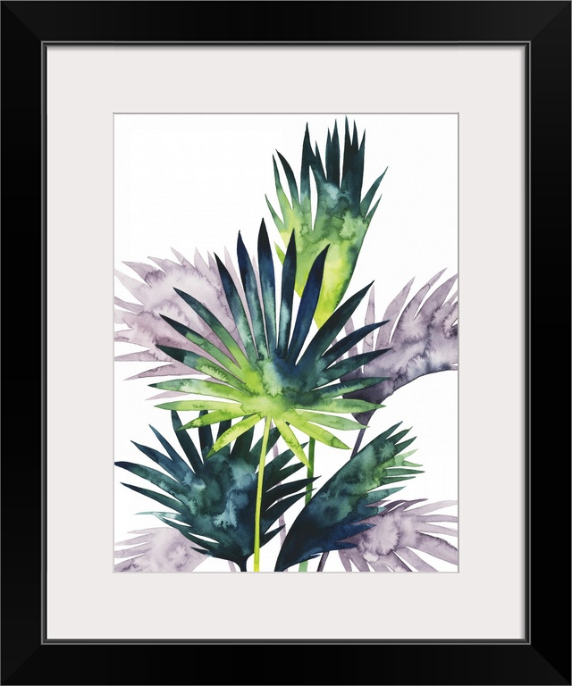 Watercolor tropical leaves in purple, blue and green flutter in the wind over a white background in this contemporary artw...