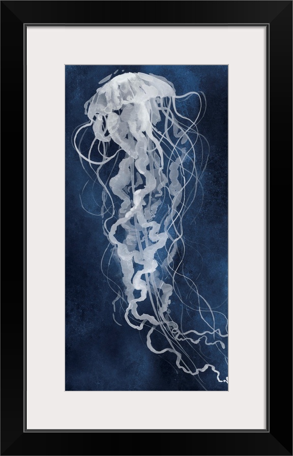 Large panel watercolor painting of a white jellyfish on an indigo background.