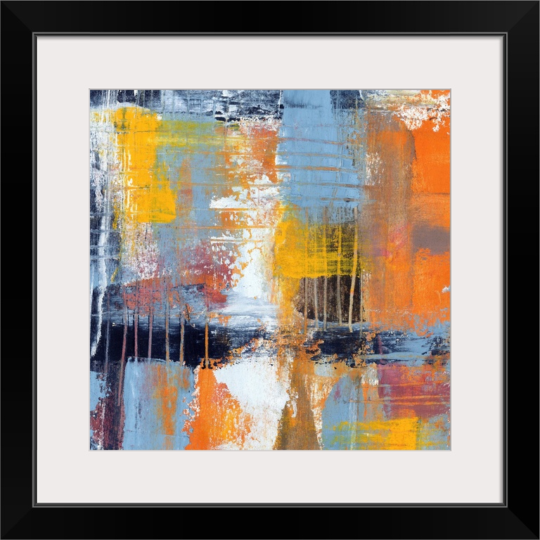 Colorful contemporary abstract painting using muted blue orange and yellow tones.