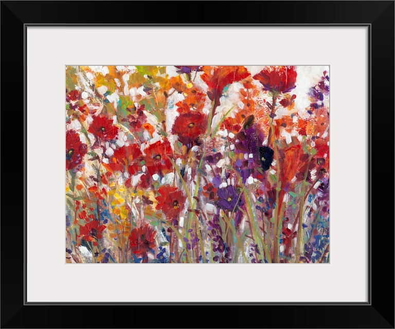 This decorative artwork features sprouting bright wildflowers made from whimsical brush strokes with a crackling texture t...