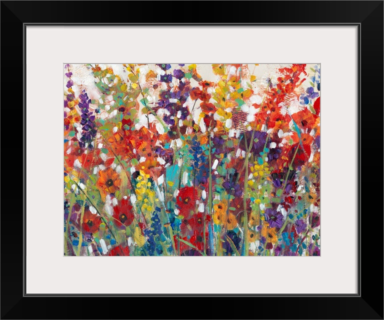 This decorative artwork features sprouting bright wildflowers made from whimsical brush strokes with a crackling texture t...