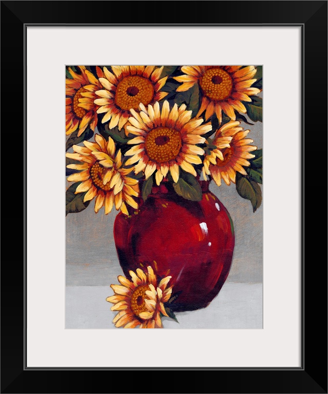A painting of vibrant yellow sunflowers sitting in a deep red vase against a gray background.