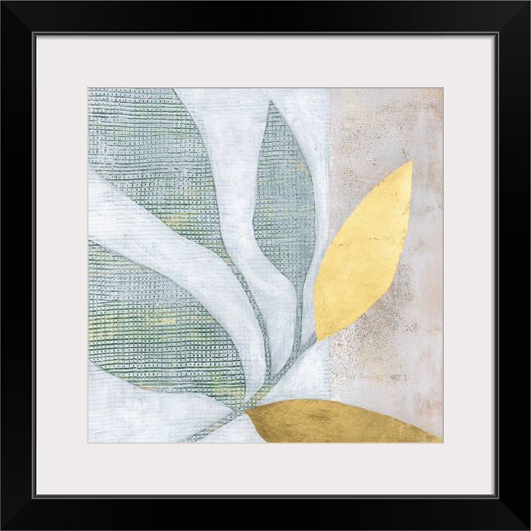 A contemporary, textured painting of green and gold leaves on a neutral background