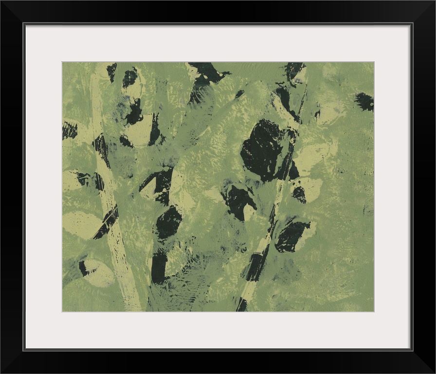 Abstract image of shapes similar to leaves on a branch in merging colors of green and black.